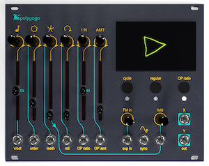 Top-down image of an almost square electronic instrument. The top-right quarter is a screen showing a deformed triangle, with some buttons and knobs underneath; the left half is filled with vertical sliders.