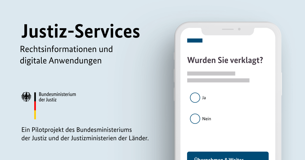 Advertisement picture for Justiz-Services, Rechtsinformationen und digitale Anwendungen, next to an illustration of phone showing radio buttons.